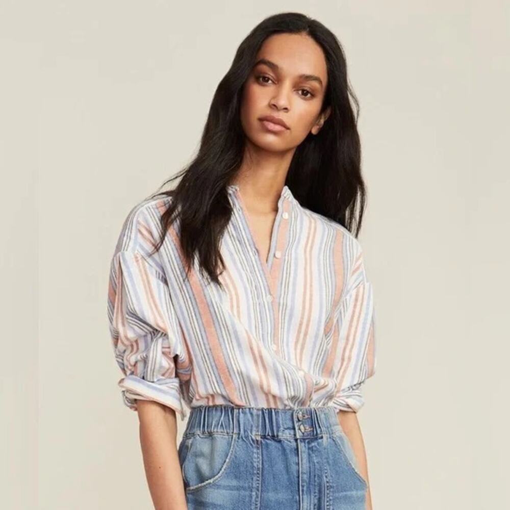 Veronica Beard Grove Striped Shirt Large Button Front Lightweight‎ Gauzy Cotton